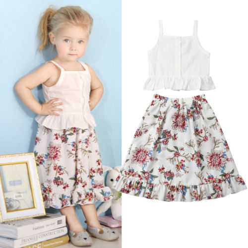 Girls 2pcs Crop Tops Sleeveless Floral Tutu Long Skirt Outfits Cute Summer Newborn Infant Baby Girl Clothes Set 6-4T - ebowsos