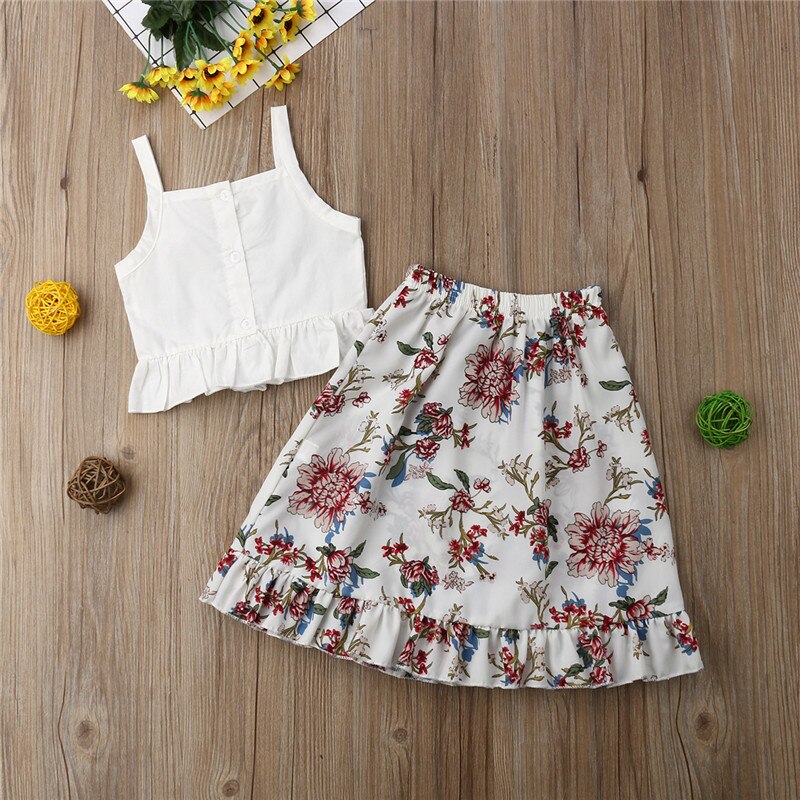 Girls 2pcs Crop Tops Sleeveless Floral Tutu Long Skirt Outfits Cute Summer Newborn Infant Baby Girl Clothes Set 6-4T - ebowsos