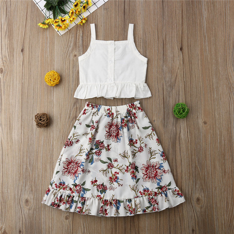 Girls 2pcs Crop Tops Sleeveless Floral Tutu Long Skirt Outfits Cute Summer Newborn Infant Baby Girl Clothes Set 6-4T - ebowsos