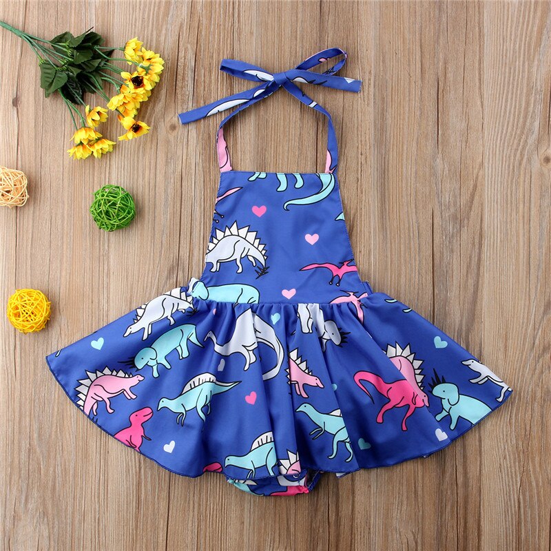 Girls Baby Cartoon Dinosaur Romper Dress Princess Backless Dress Clothes Jumpsuit Tutu - ebowsos