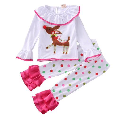 Girls Cartoon Pajama Sets Christmas Sleepwear Clothing Cotton Deer Tops Ruffles Pants Trousers 2PCS Sleepwear Outfit - ebowsos