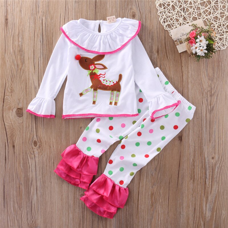 Girls Cartoon Pajama Sets Christmas Sleepwear Clothing Cotton Deer Tops Ruffles Pants Trousers 2PCS Sleepwear Outfit - ebowsos