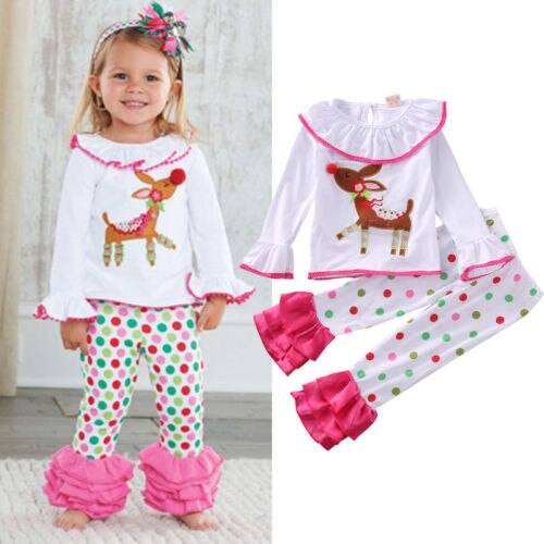 Girls Cartoon Pajama Sets Christmas Sleepwear Clothing Cotton Deer Tops Ruffles Pants Trousers 2PCS Sleepwear Outfit - ebowsos