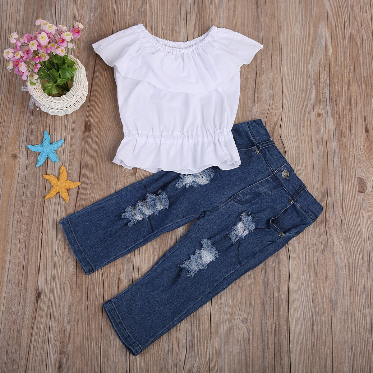 Girls Clothing Set Broken Hole Pants White Cropped Tops Tank Top short sleeve T-shirt Tee Clothes+Jeans Pants Outfit set - ebowsos