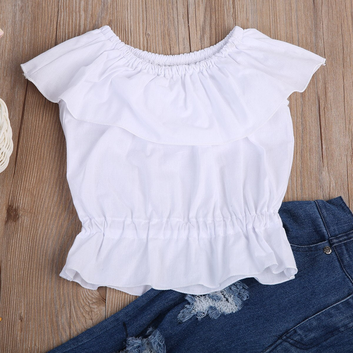 Girls Clothing Set Broken Hole Pants White Cropped Tops Tank Top short sleeve T-shirt Tee Clothes+Jeans Pants Outfit set - ebowsos