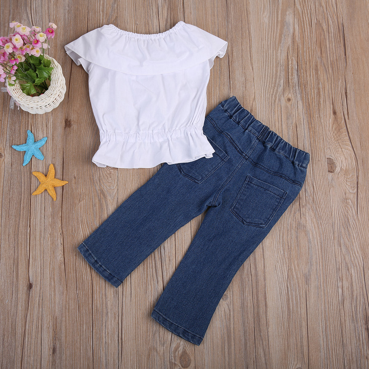 Girls Clothing Set Broken Hole Pants White Cropped Tops Tank Top short sleeve T-shirt Tee Clothes+Jeans Pants Outfit set - ebowsos