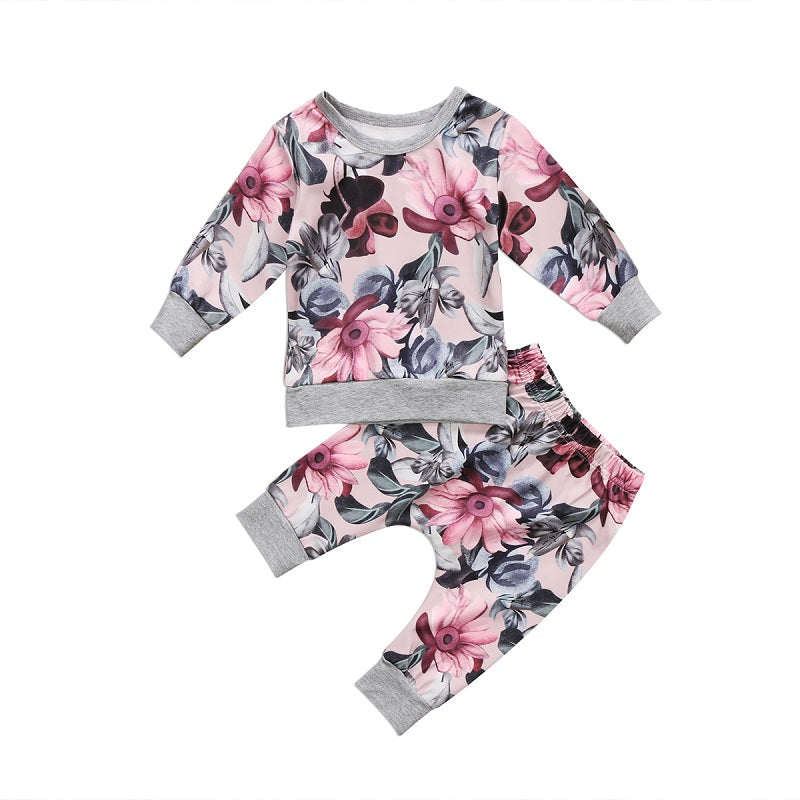 Girls Clothing Set Winter Floral Girls Clothing Set Kids Baby Girls Cotton T-shirt Tops+Floral Pants Outfits Clothes Set - ebowsos