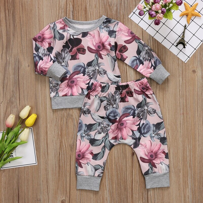 Girls Clothing Set Winter Floral Girls Clothing Set Kids Baby Girls Cotton T-shirt Tops+Floral Pants Outfits Clothes Set - ebowsos