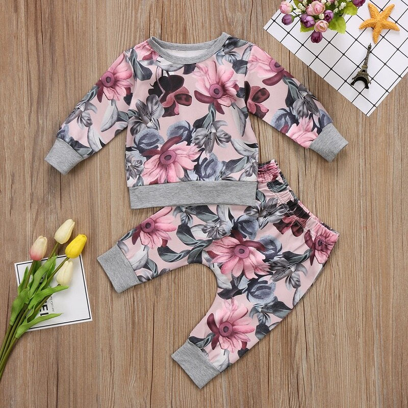 Girls Clothing Set Winter Floral Girls Clothing Set Kids Baby Girls Cotton T-shirt Tops+Floral Pants Outfits Clothes Set - ebowsos