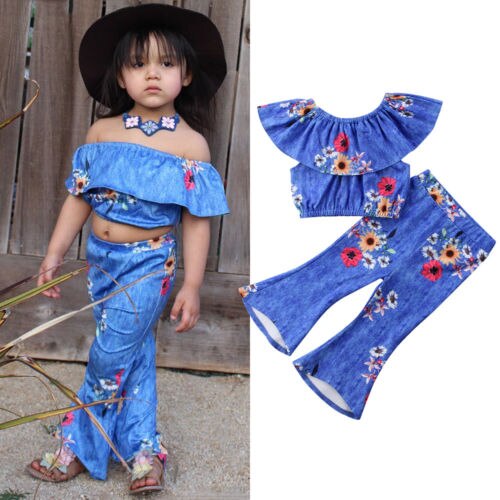 Girls Kids Baby Lotus Collar Off Shoulder Tops Summer T-shirt+Flared Flare Pants Bell Bottom Outfits 2Pcs Suit Kids Clothing - ebowsos