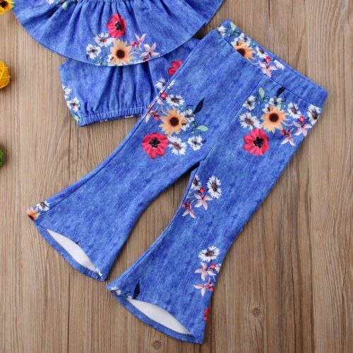 Girls Kids Baby Lotus Collar Off Shoulder Tops Summer T-shirt+Flared Flare Pants Bell Bottom Outfits 2Pcs Suit Kids Clothing - ebowsos