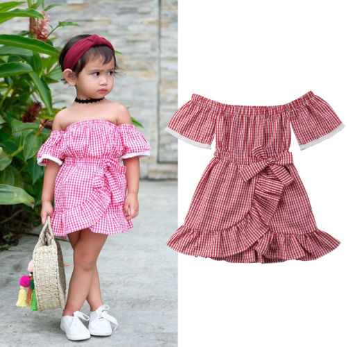 Girls Off Shoulder Bowknot Print Dress Plaid Party Clothes Summer Kid Baby Girl Clothing Dresses 1-5T - ebowsos