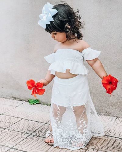 Girls Off shoulder Crop Tops Floral Lace Pant Skirt 2PCS Outfits Princess Girl Clothing Set - ebowsos