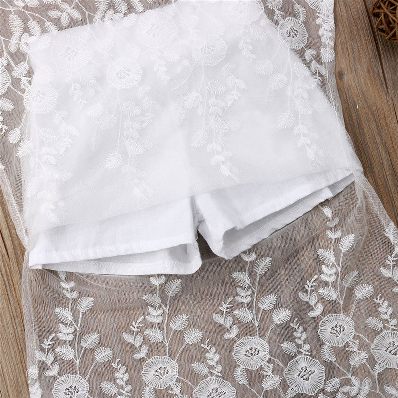 Girls Off shoulder Crop Tops Floral Lace Pant Skirt 2PCS Outfits Princess Girl Clothing Set - ebowsos