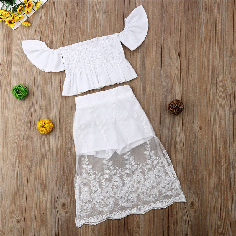 Girls Off shoulder Crop Tops Floral Lace Pant Skirt 2PCS Outfits Princess Girl Clothing Set - ebowsos