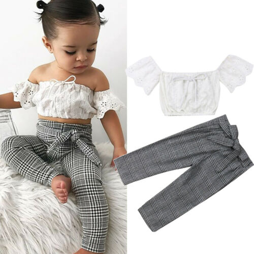 Girls Summer Clothes Sets Off Shoulder Lace Floral Crop Tops +Plaid Cotton Pants 2PCS Little Ladies Fashion Sets - ebowsos