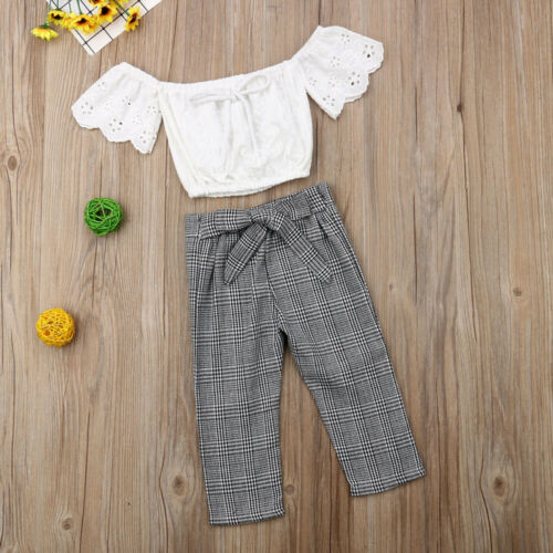 Girls Summer Clothes Sets Off Shoulder Lace Floral Crop Tops +Plaid Cotton Pants 2PCS Little Ladies Fashion Sets - ebowsos