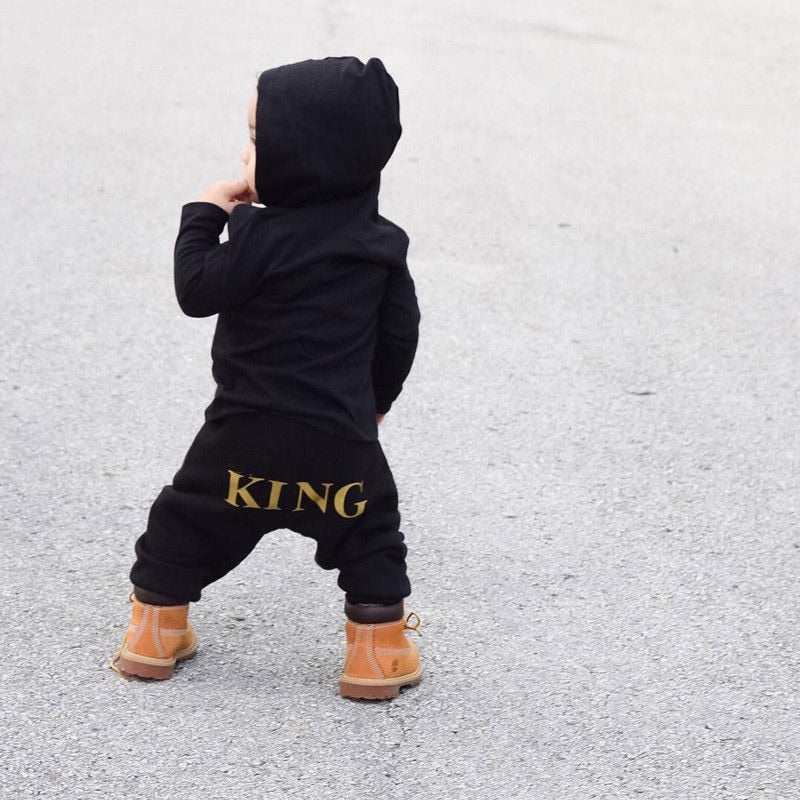 Golden King Letter Printing New Newborn Baby Kid Boy Romper Jumpsuit Cotton Hooded Outfit Set - ebowsos