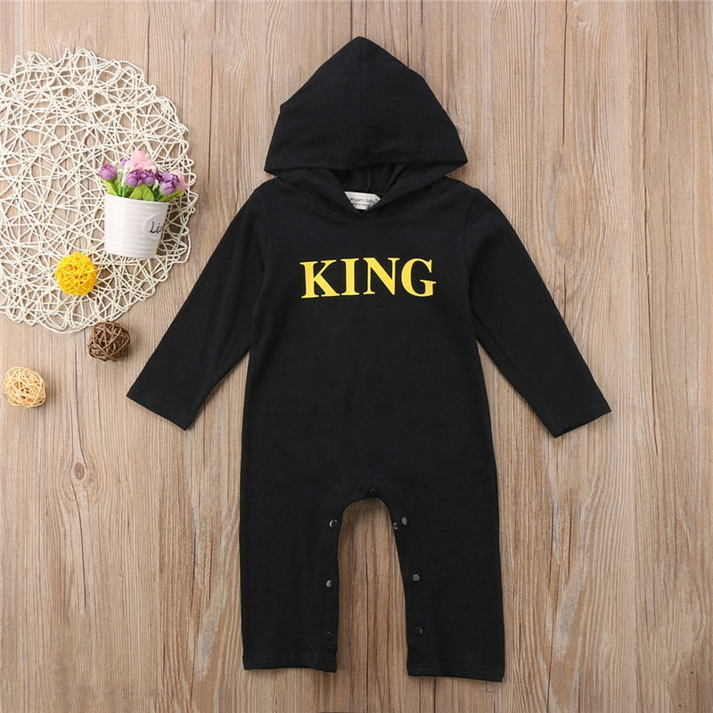 Golden King Letter Printing New Newborn Baby Kid Boy Romper Jumpsuit Cotton Hooded Outfit Set - ebowsos