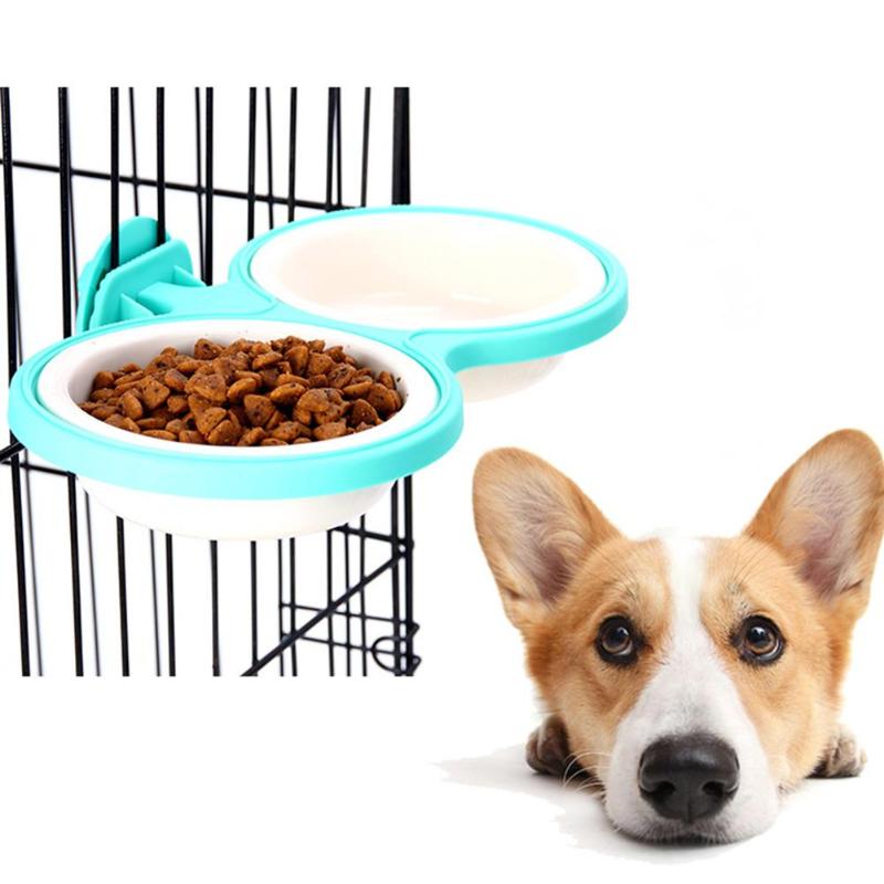 Green Detachable Pet Double Bowls Durable Hanging Cage Dog Dish Feeder Kit - ebowsos