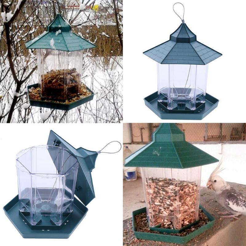 Green Pavilion Bird Feeder Plastic Hanging Bird Food Container Garden Decor D4X1 - ebowsos