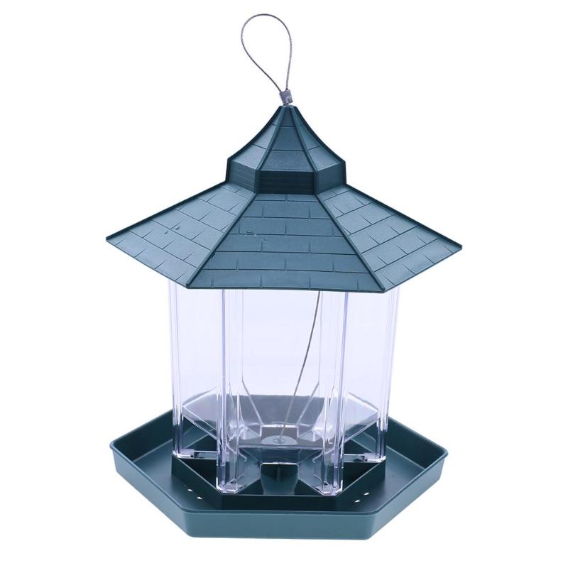 Green Pavilion Bird Feeder Plastic Hanging Bird Food Container Garden Decor D4X1 - ebowsos