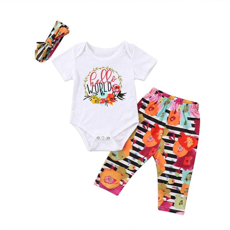 HELLO WORLD Newborn Kids Baby Girls Hello World Floral Hoop Romper Tops Pants Outfit Clothes - ebowsos