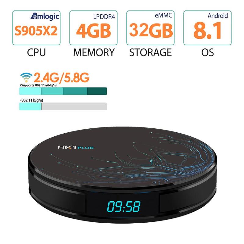 HK1 Plus Android 8.1 TV Box 4G+32G Amlogic S905X2 Quad Core 2.4G/5G WiFi BT 4.0 4K Set-top Box Media Player US/EU Plug Hot Sale - ebowsos