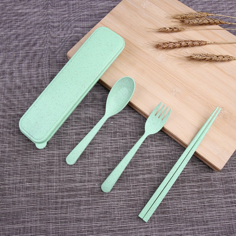 High Quality Environmentally Friendly New 1 Set Of Reusable Spoon Fork Travel Chopsticks Wheat Straw Dinnerware Cutlery - ebowsos