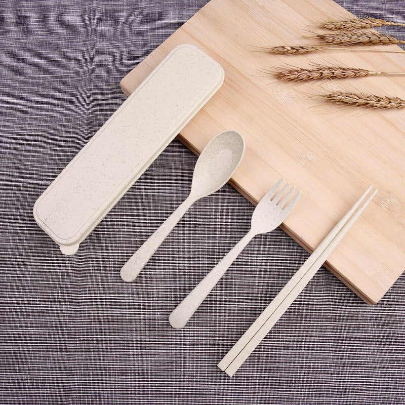 High Quality Environmentally Friendly New 1 Set Of Reusable Spoon Fork Travel Chopsticks Wheat Straw Dinnerware Cutlery - ebowsos