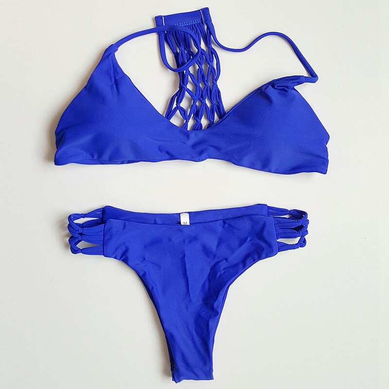 Hand-made Knitted Bikini Net Yarn Swimsuit Royal Blue Bikini Set Sexy Female Bathing Swimwear Women Beach Swimsuit - ebowsos