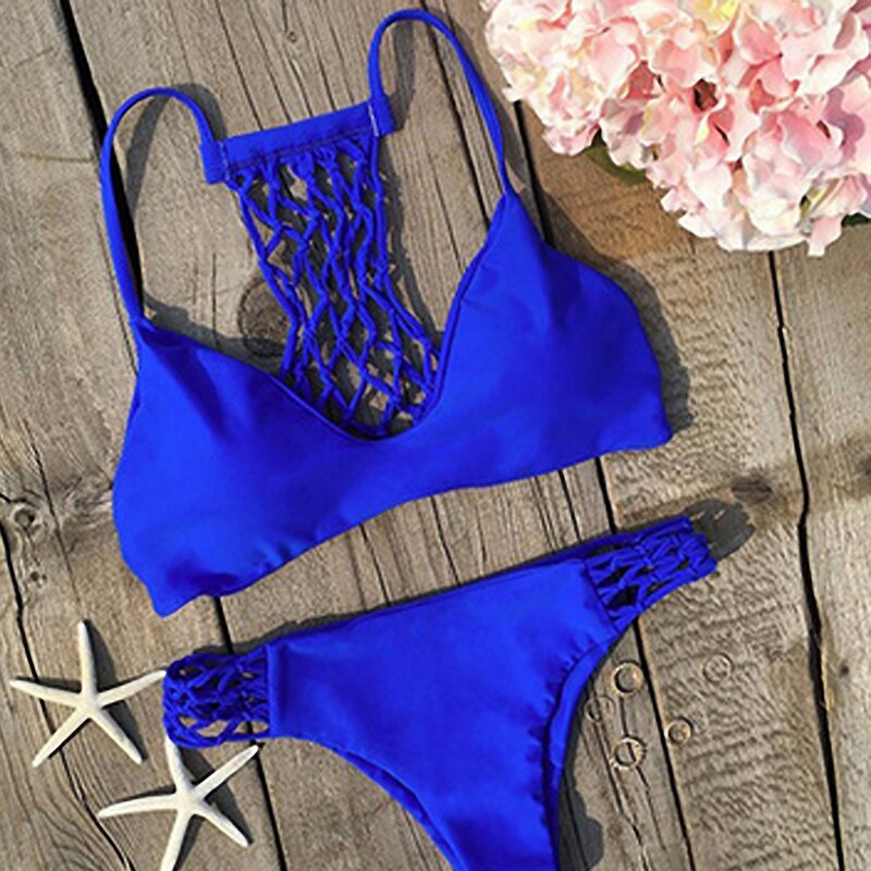 Hand-made Knitted Bikini Net Yarn Swimsuit Royal Blue Bikini Set Sexy Female Bathing Swimwear Women Beach Swimsuit - ebowsos