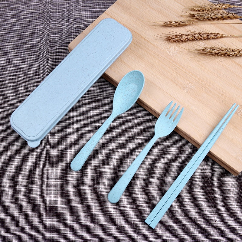 High Quality Environmentally Friendly New 1 Set Of Reusable Spoon Fork Travel Chopsticks Wheat Straw Dinnerware Cutlery - ebowsos