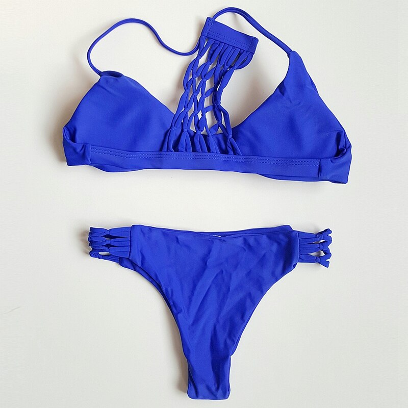 Hand-made Knitted Bikini Net Yarn Swimsuit Royal Blue Bikini Set Sexy Female Bathing Swimwear Women Beach Swimsuit - ebowsos