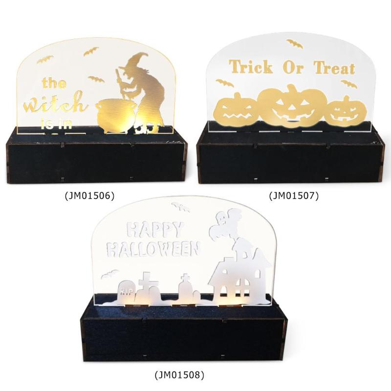 Halloween Ghost House Ornaments Wooden Environmental Creative Daily Durability LED Light Festival Home Decorative Craft - ebowsos