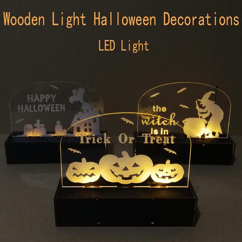 Halloween Ghost House Ornaments Wooden Environmental Creative Daily Durability LED Light Festival Home Decorative Craft - ebowsos