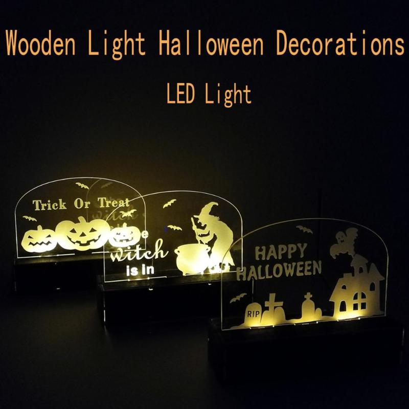 Halloween Ghost House Ornaments Wooden Environmental Creative Daily Durability LED Light Festival Home Decorative Craft - ebowsos