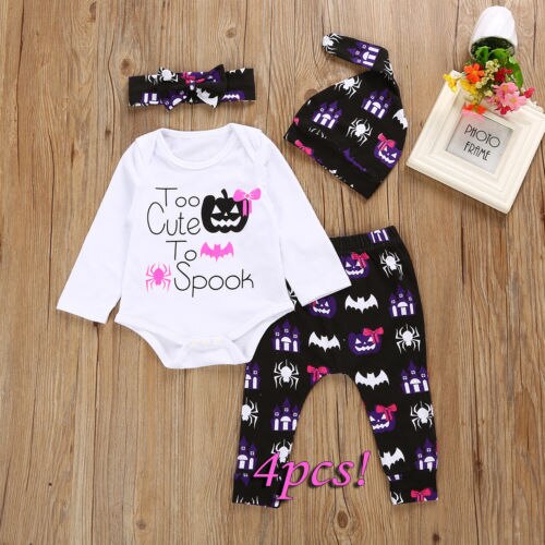 Halloween Newborn Baby Girls Outfit Clothes Long Sleeve Romper + pumpkin Pant +Hat +Headband 4pcs set Baby Clothing - ebowsos