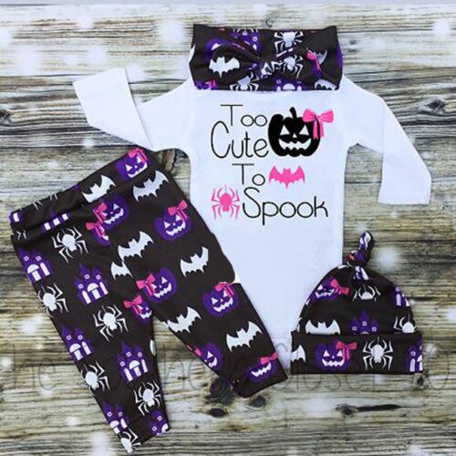 Halloween Newborn Baby Girls Outfit Clothes Long Sleeve Romper + pumpkin Pant +Hat +Headband 4pcs set Baby Clothing - ebowsos