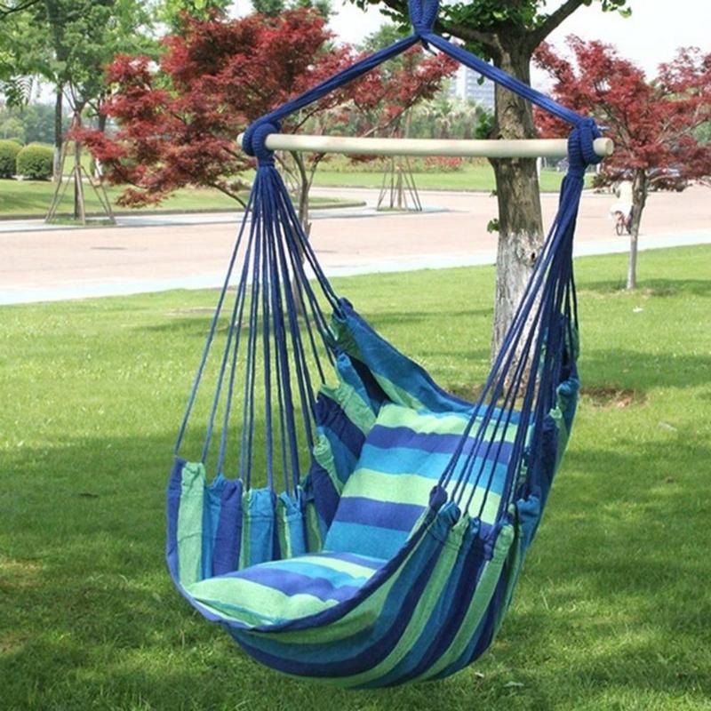 Hammock Hanging Rope Chair Swing Chair Seat with 2Pillows Indoor Outdoor Seating Chair Bearing For Hiking Camping Mat bear 120kg-ebowsos