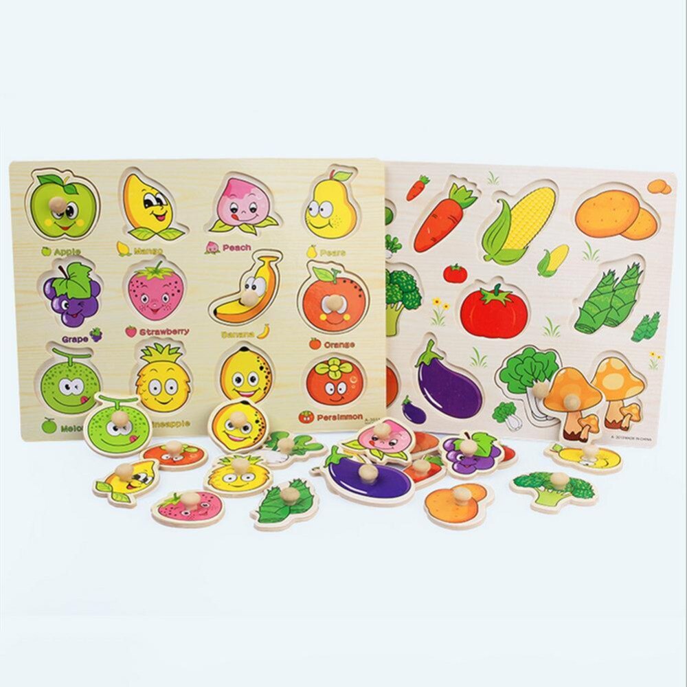 Hand Grasp Knob Pegged Puzzle Wooden Quality Numbers Animals Fruits Vegetable Characters Letter Cognitive Board Children Toys-ebowsos