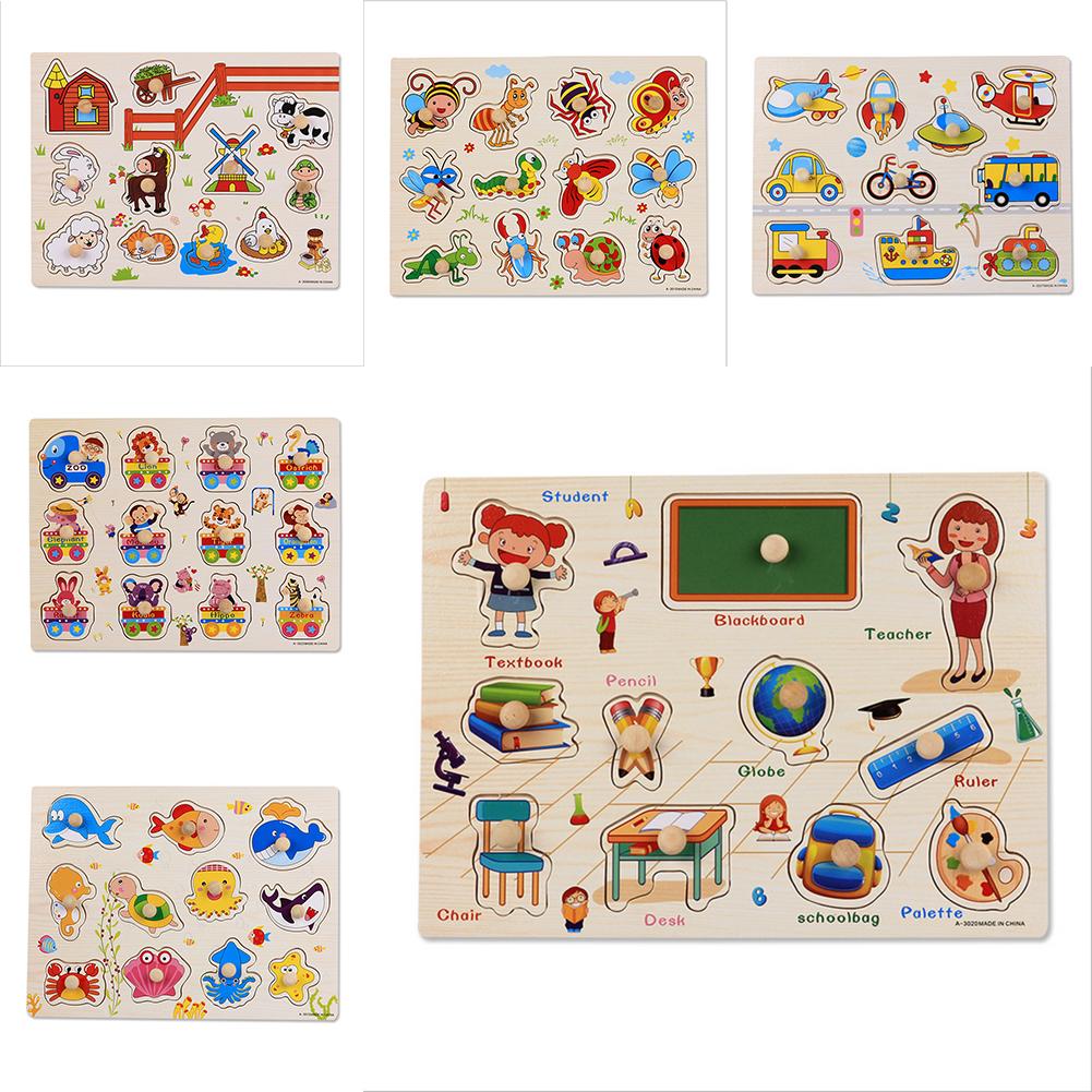 Hand Grasp Knob Pegged Puzzle Wooden Quality Numbers Animals Fruits Vegetable Characters Letter Cognitive Board Children Toys-ebowsos