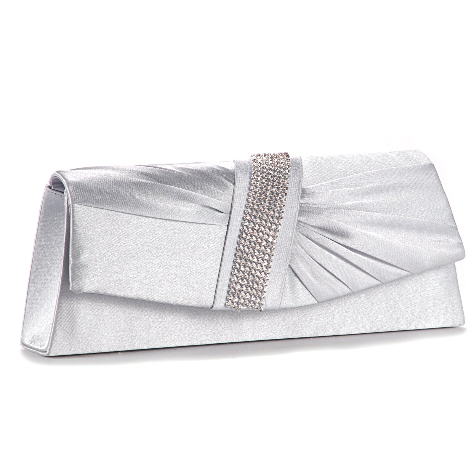 Handbag Pouch Shape Satin Pleated Trapezoid Rabat Crimp of Strass Silver - ebowsos