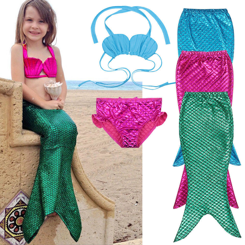 Hirigin 3PCS Girl Kids Mermaid Tail Swimmable Swimwear Swimsuit Girls Bikini Set Bathing Suit Fancy Costume Clothes 3-9Y - ebowsos