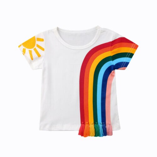 Hot Kids Baby Girls Casual Rainbow T Shirts Tassel Patchwork Cotton T-shirt Tops - ebowsos