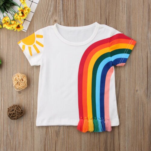 Hot Kids Baby Girls Casual Rainbow T Shirts Tassel Patchwork Cotton T-shirt Tops - ebowsos