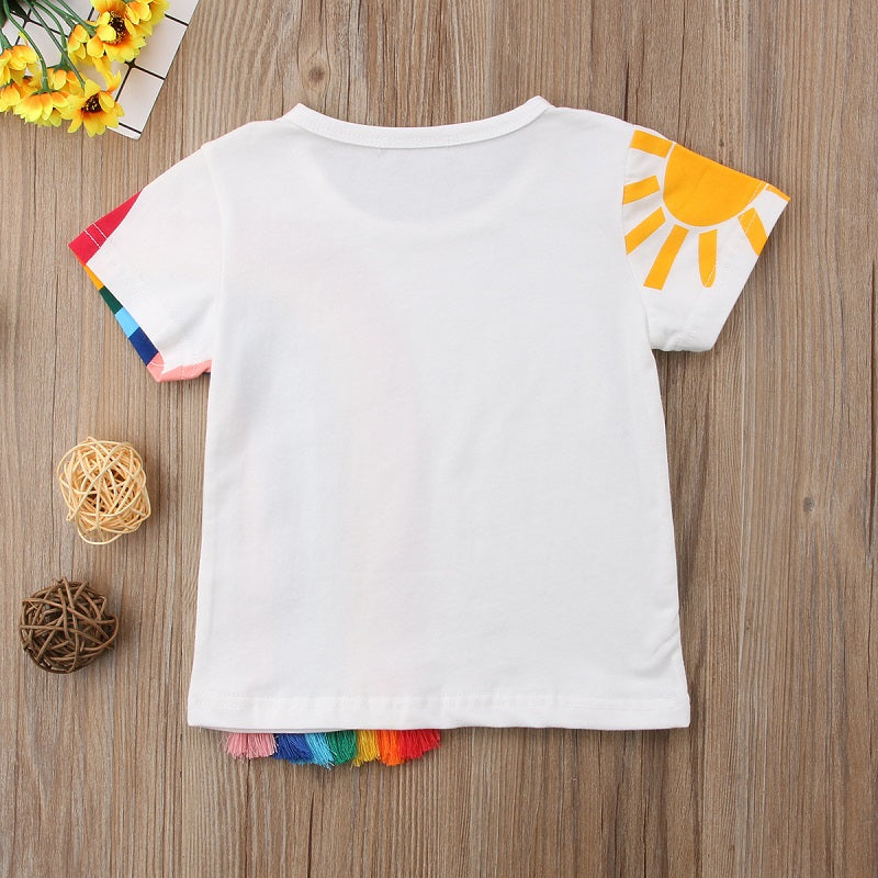 Hot Kids Baby Girls Casual Rainbow T Shirts Tassel Patchwork Cotton T-shirt Tops - ebowsos