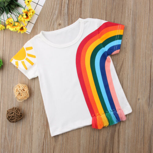 Hot Kids Baby Girls Casual Rainbow T Shirts Tassel Patchwork Cotton T-shirt Tops - ebowsos