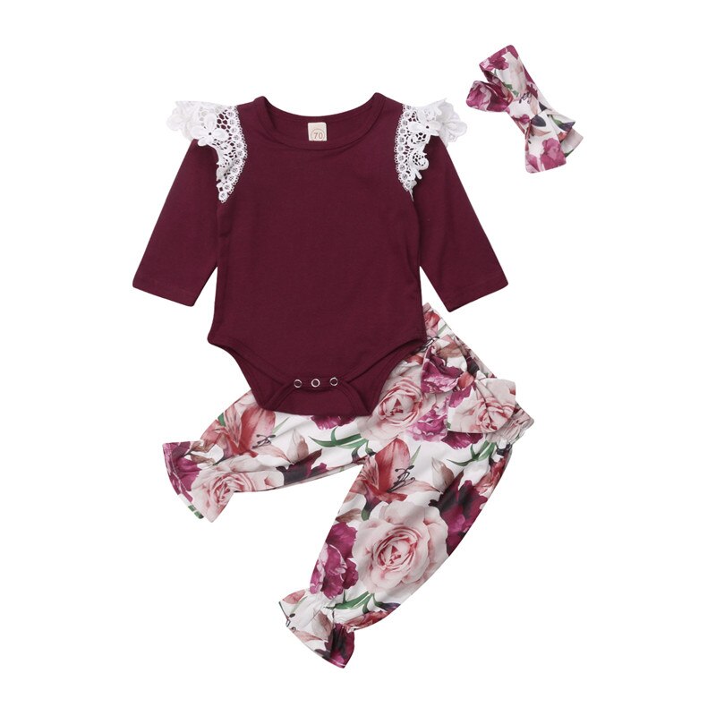 Hot Newborn Baby Girl Set Long Sleeve Lace Tops Romper Floral Pants Leggings 3Pcs Outfit Clothes - ebowsos