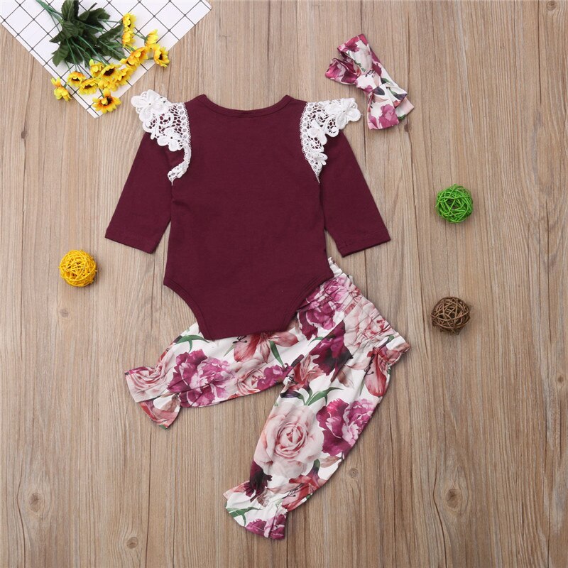 Hot Newborn Baby Girl Set Long Sleeve Lace Tops Romper Floral Pants Leggings 3Pcs Outfit Clothes - ebowsos